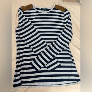 Lauren Ralph Lauren Striped Gray Navy Shoulder Patched long sleeve Size XL